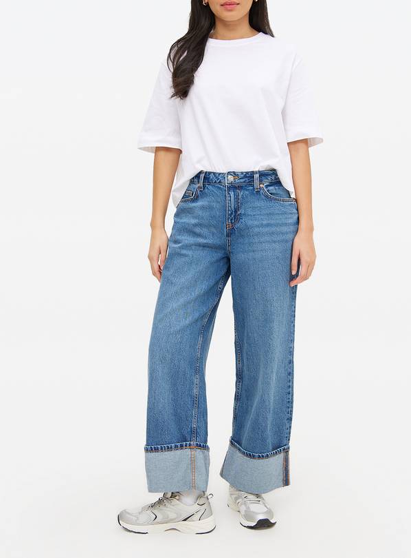 Mid Rinse Denim Baggy Wide Turn Up Jeans  18R